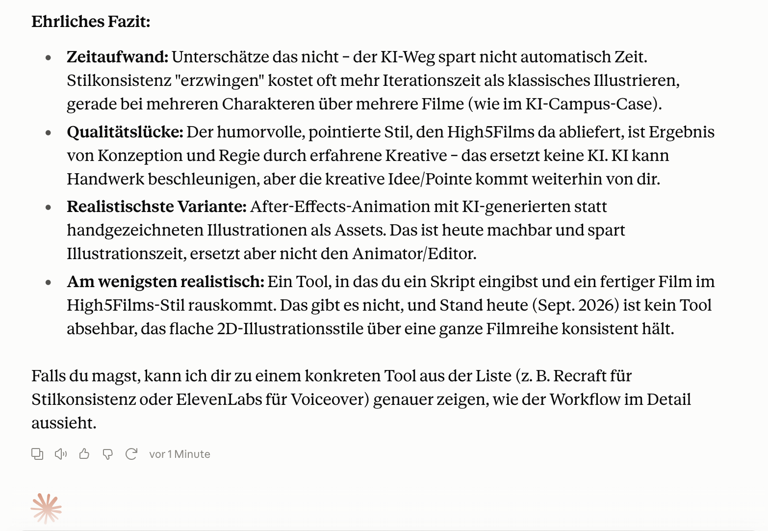 Claude Fazit zu Zeitaufwand, Qualitätslücke und realistischer Hybrid-Produktion