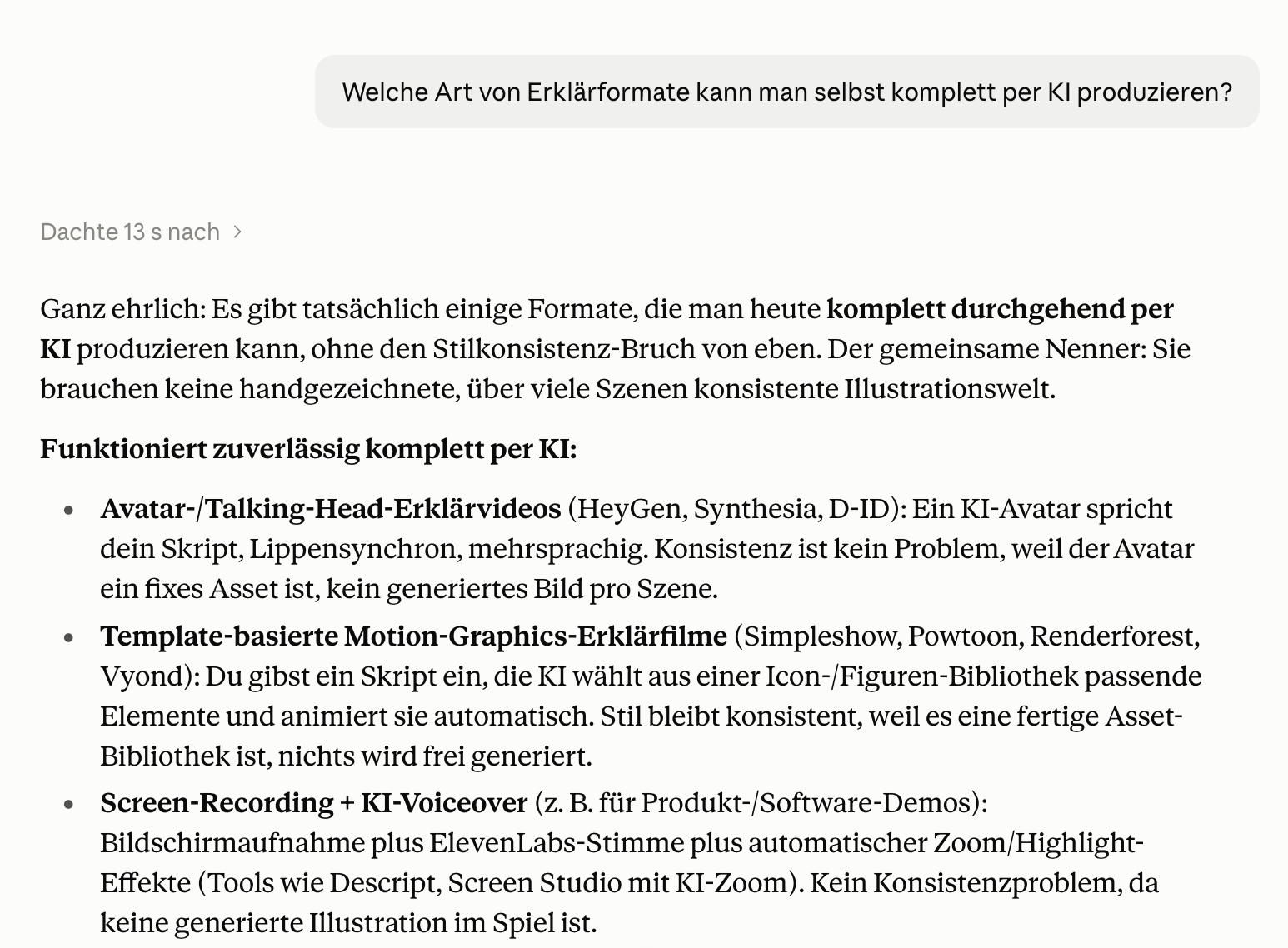 Frage an Claude: Welche Erklärformate kann man komplett per KI produzieren?