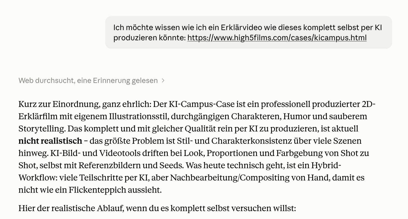 Frage an Claude: Wie lässt sich ein Erklärvideo im Stil des KI-Campus-Cases komplett mit KI produzieren?